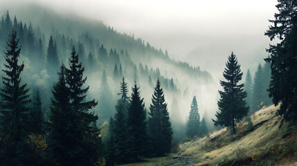 Misty forest landscape with tall evergreen trees and rolling hills under a cloudy sky