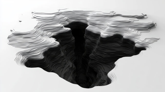 striking abstract representation of deep chasm, featuring intricate black and white lines that create sense of depth and dimension. design evokes feelings of mystery and intrigue