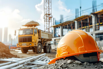 An orange helmet sits near a truck at a construction site