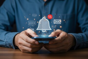 Push Notifications, Web Reminders, Time Table and Announcements. Person using smartphone with notification icon on virtual screen, smartphone in hands, Alert notification concept. notification bell 