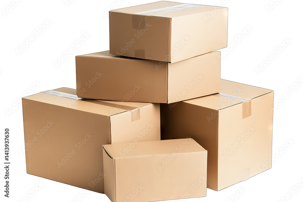 Poster a stack of five cardboard boxes in varying sizes typically used for shipping or storage showcasing a