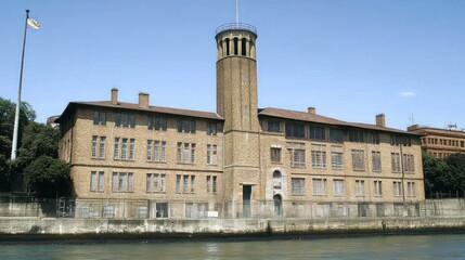 Obraz premium Historic building along a waterway. Exterior of a large, multi-story, brick structure situated next to a canal or river