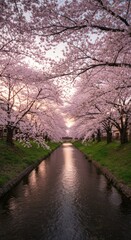 Obraz premium Serene Pink Cherry Blossom Canal: A Dreamy Springtime Scene