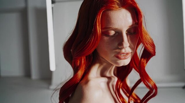 4k video close-up capturing a beautiful young woman with vibrant, long wavy red hair and striking blue eyes. She poses alluringly in a professional photo studio
