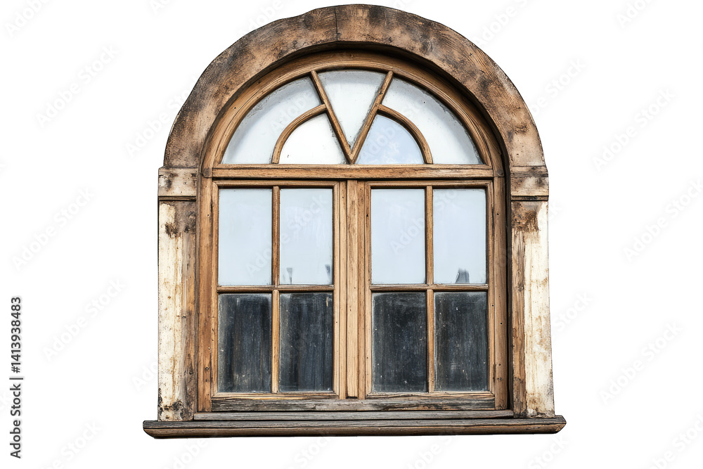 Poster a vintage wooden window with an arched top featuring multiple panes and a weathered appearance set a