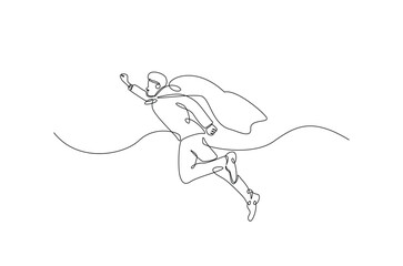 superhero with the cape in continuous one line drawing. Single line art illustration of business superhero. Editable vector.