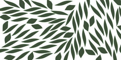Green Leaves Scattered Pattern White Background Simple Design. Minimal green and white doodle pattern on a plain background, featuring abstract leaves and simple lines for a clean, fresh look.