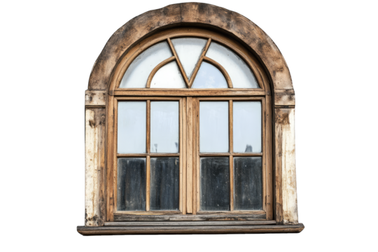 a vintage wooden window with an arched top featuring multiple panes and a weathered appearance set against a white background it evokes a sense of nostalgia and architectural charm