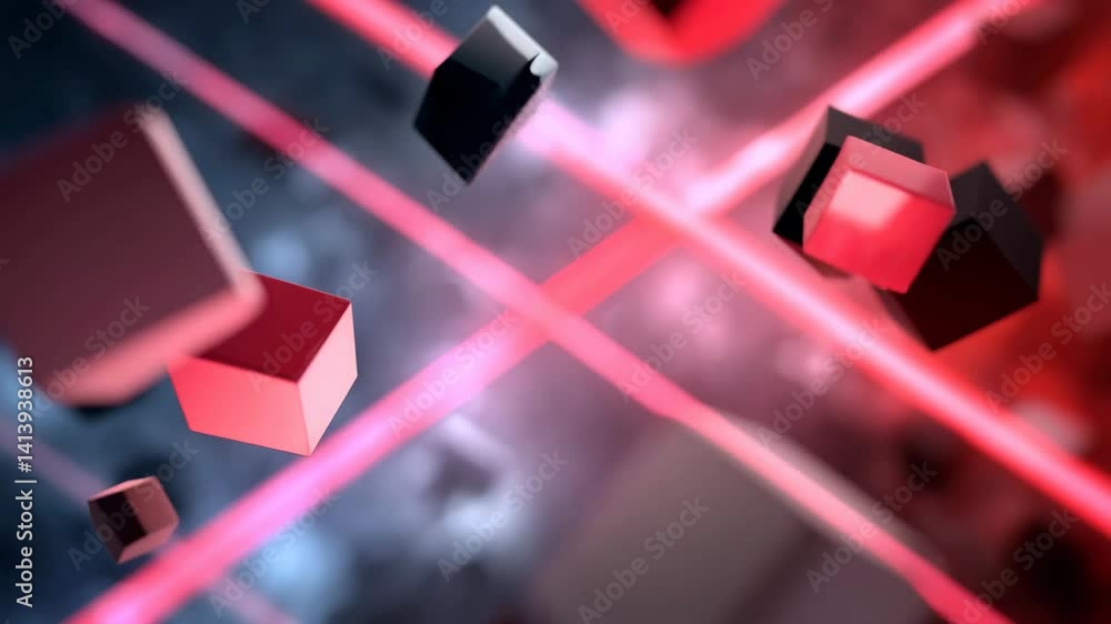 Aufkleber pink neon lines intersect and surround levitating black and red cubes in a dynamic arrangement.