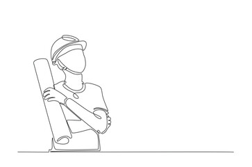 Engineer holds paper or blueprint in continuous one line drawing. Single line art illustration of architect holding blueprint. Editable vector.