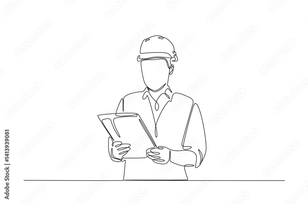 Poster engineer holds paper or blueprint in continuous one line drawing. single line art illustration of ar