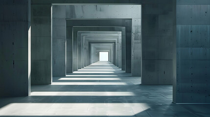A long concrete corridor featuring framed architectural portals in perspective