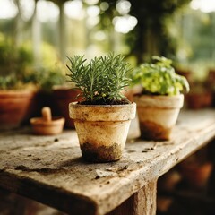 Rustic Herb Garden  Rosemary  Oregano in Terracotta Pots