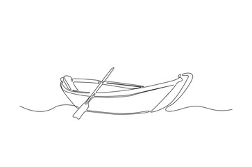 Wooden boat in continuous one line drawing. Single line art illustration of river boat. Editable vector.