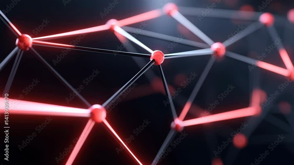 Poster red spheres are connected by glowing red and dark lines, forming an abstract network structure.