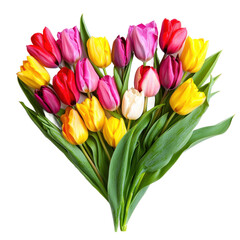 Heart shape colorful tulips isolate on transparent background