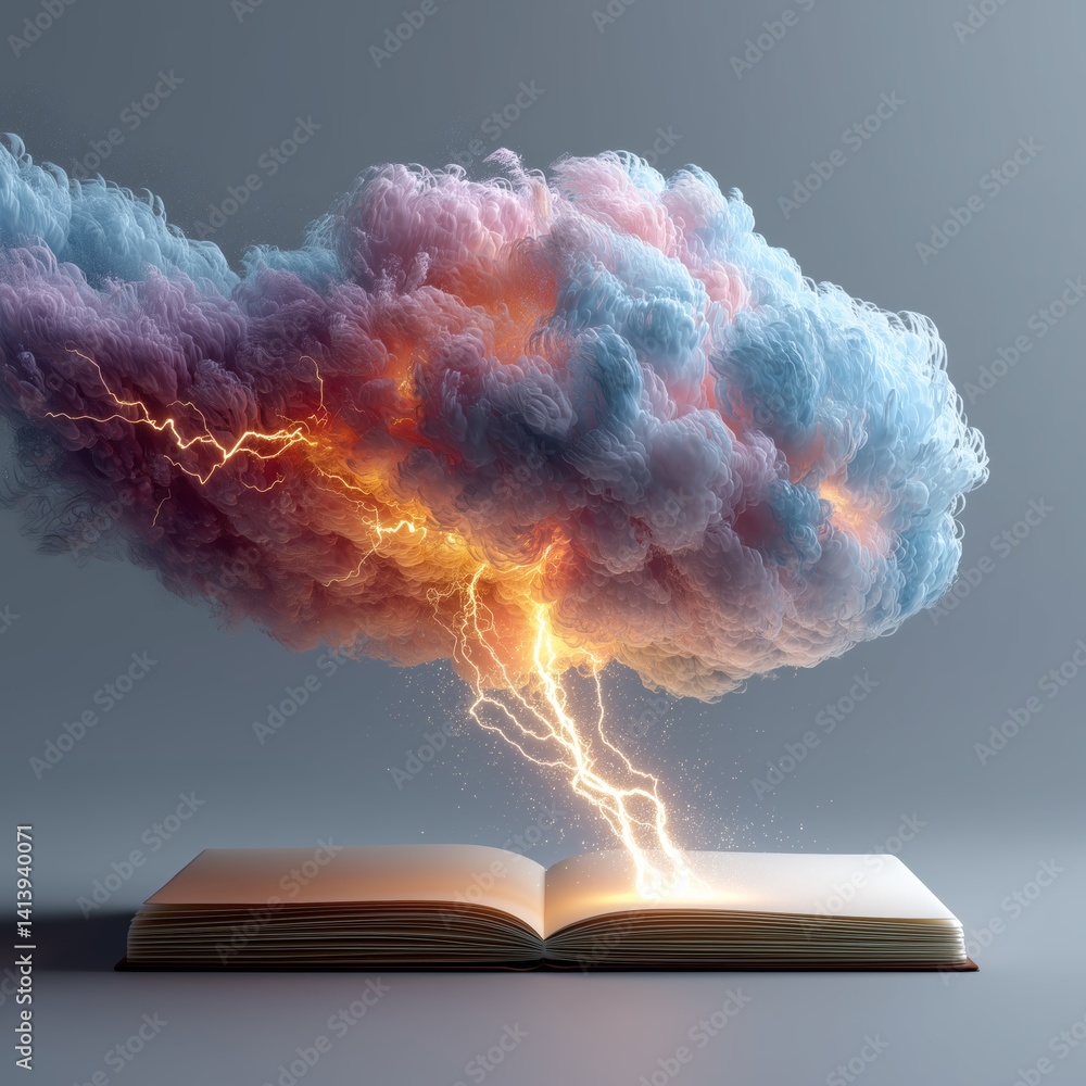 Poster an open book emits a colorful cloud shaped like a brain with lightning, symbolizing creativity and i