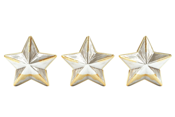 Three light metallic stars with a golden base, placed horizontally on a transparent background