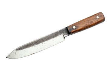 Fototapeta premium a kitchen knife featuring a stainless steel blade with a textured surface and a wooden handle designed for food preparation and culinary tasks