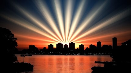 City skyline at sunset with radiating light beams