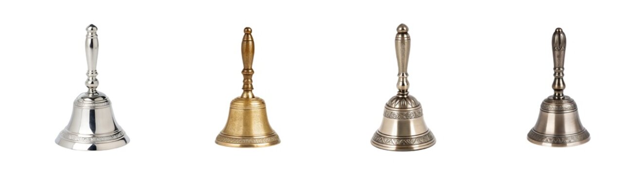A group of antique handbells with different metallic finishes on a white background transparent background Generative AI