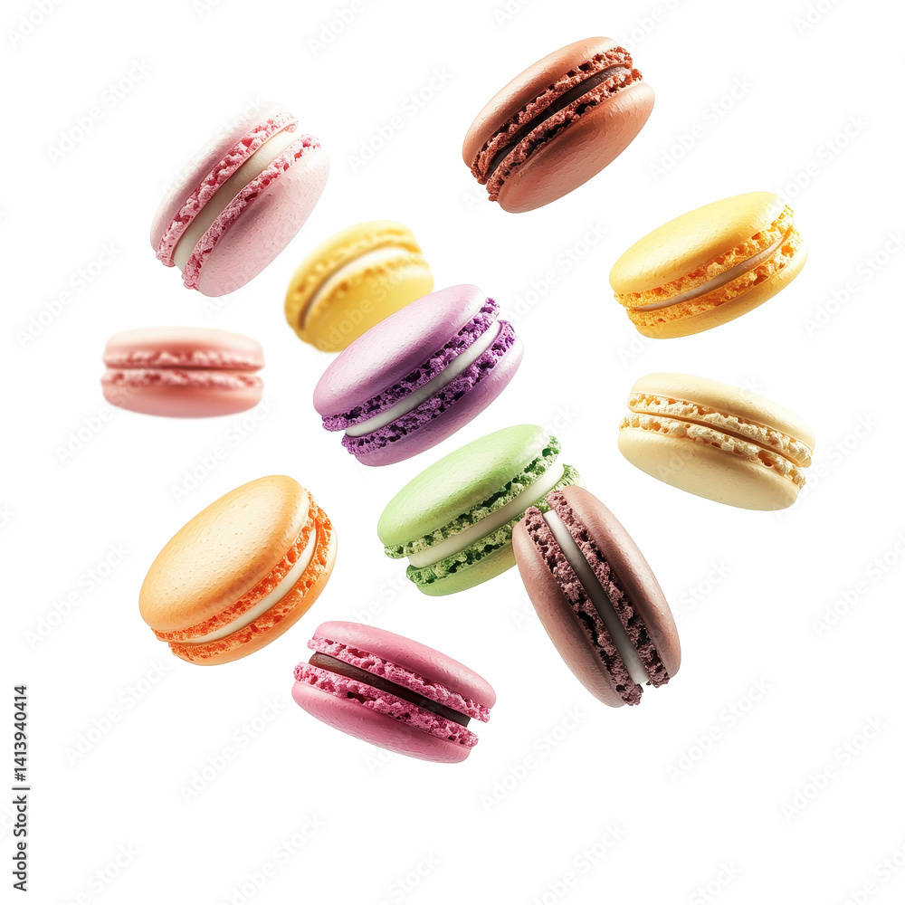 Poster colorful macarons float gracefully in the air in a delightful confectionery display, various colorfu