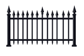 a black wrought iron fence with pointed tops designed for security and aesthetic appeal often used in gardens parks or residential areas