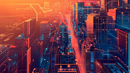 High angle view of a futuristic illuminated city skyline