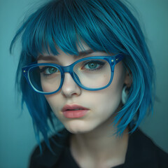 Fototapeta premium Una chica de pelo azul profundo y unas lindas gafas del mismo tono