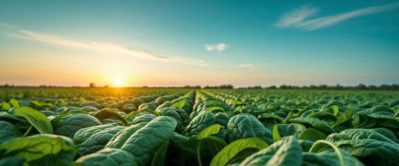 Fototapeta premium Spinach field growing at sunset for fresh food ads.