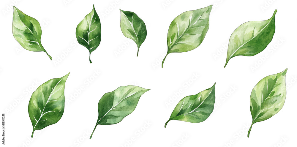 Poster various green leaves showcasing different shapes and sizes rendered in a watercolor style it serves 