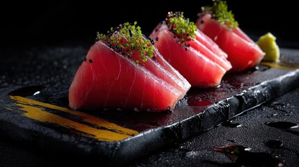 Minimalist sashimi composition with translucent bluefin tuna and yellowtail slices, water droplets on black stone plate, Japanese calligraphy accents for culinary branding.
