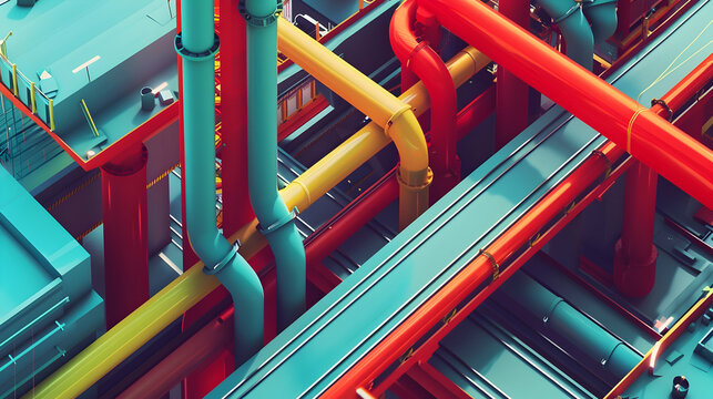 An isometric view showing colorful pipes and geometric industrial structures