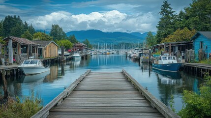 Obraz premium Picturesque harbor scene with boats, wooden docks, and tranquil mountain views