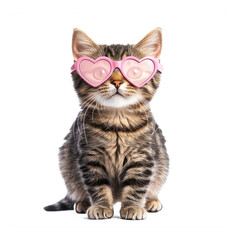 Fototapeta premium Cat wearing heart shape glasses, full body isolate on transparent background