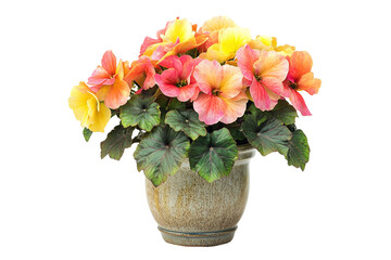 Obraz premium Potted flowers show yellow, pink and peach hues with dark green foliage on transparent background