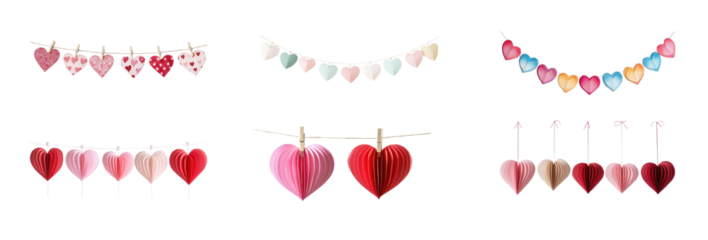 New Red and pink paper hearts hang on a thread with clothespins, garland isolate on transparent background