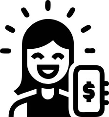 Obraz premium happy person holding smartphone with dollar sign, symbolizing mobile payment or financial success. image is in simple, monochrome style, conveying sense of ease and satisfaction
