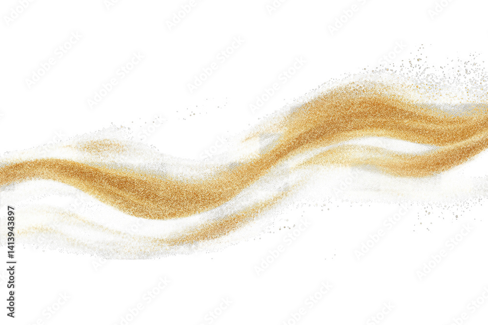 Poster a flowing abstract representation of golden sand or particles on a white background evoking a sense 