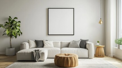 Stylish living room interior with mockup frame poster, modern interior design in a 3D render