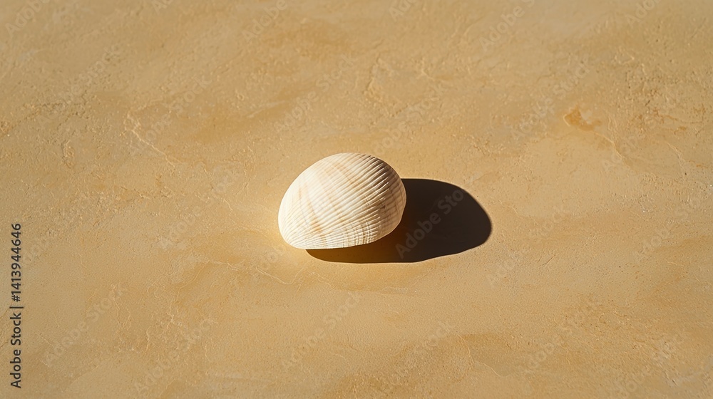 Poster a single seashell casts a soft shadow on a smooth, sandy surface, showcasing its textured surface an