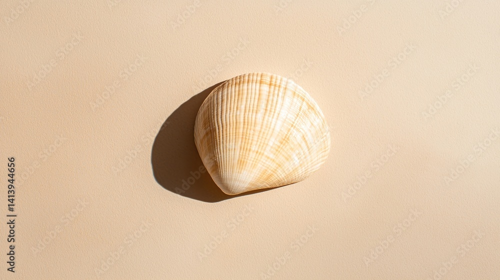 Poster a close-up of a textured seashell resting on a smooth surface, showcasing its natural patterns and s