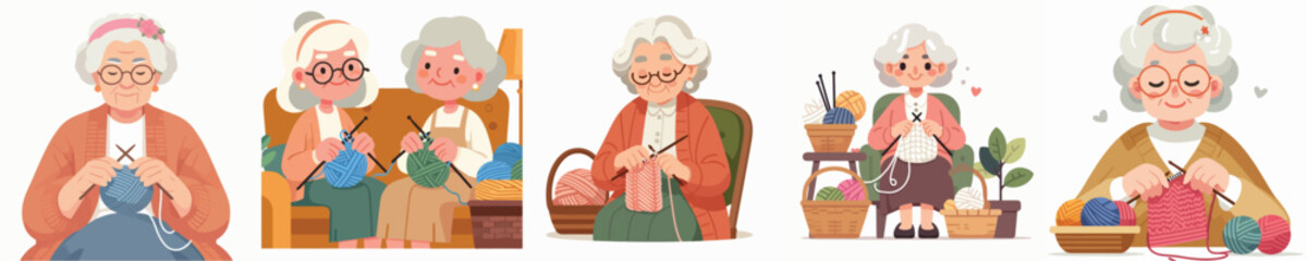 Vector of an elderly woman knitting.