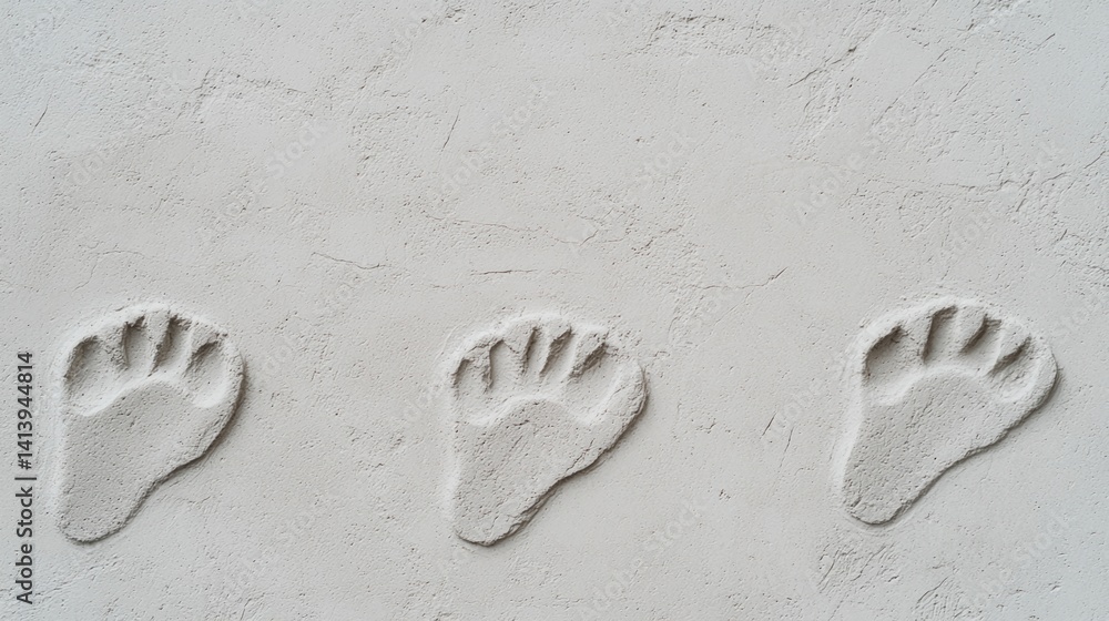 Poster three animal footprints imprinted in light-colored material on a flat surface, creating a textured a