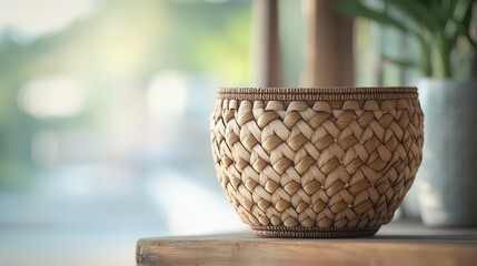Fototapeta premium A traditional handmade basket with tight coil weave design, placed wooden shelf with blurred background, emphasizing its natural tones intricate craftsmanship with shallow