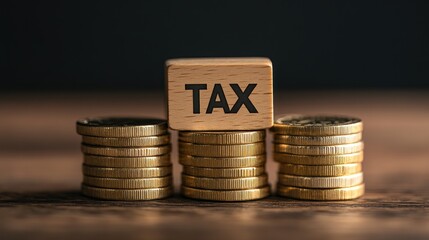 Taxation and Finances: Wooden Block with 'TAX' on Top of Coin Stacks