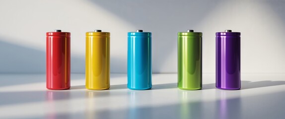 Fototapeta premium Five cylindrical batteries in varying colors arranged on white surface
