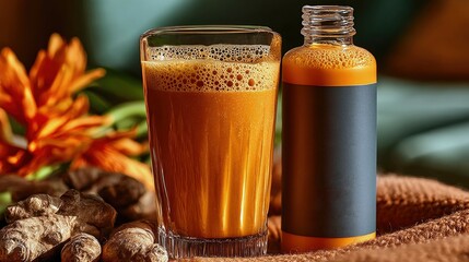 Refreshing orange adaptogenic hydration shot in clear glass with minimalist design