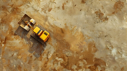 Yellow construction vehicle working on a large dirt construction site