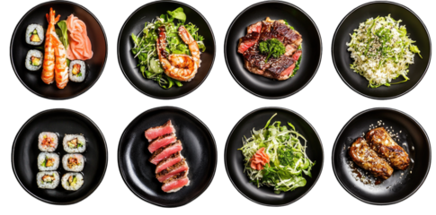 a visually appealing arrangement of various sushi and seafood dishes presented in black bowls showcasing a variety of ingredients and flavors ideal for a culinary experience or food presentation